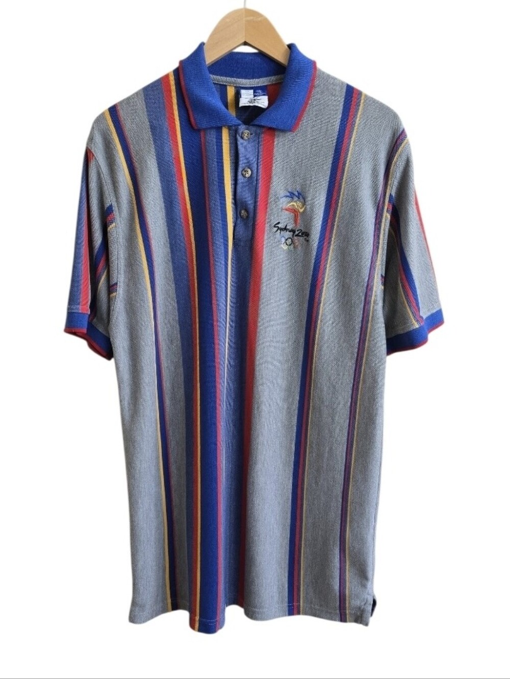 Vintage Sydney 2000 Olympics Logo Men's Multicolor Striped Polo Shirt. Size XXL